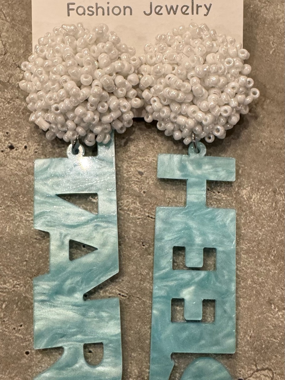 NEW UNC “TAR HEELS” Dangle Statement Earrings, White Beaded in UNC Blue Marbling
